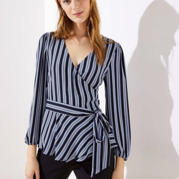 Loft Navy Stripe Wrap Blouse - Picture 1 of 3